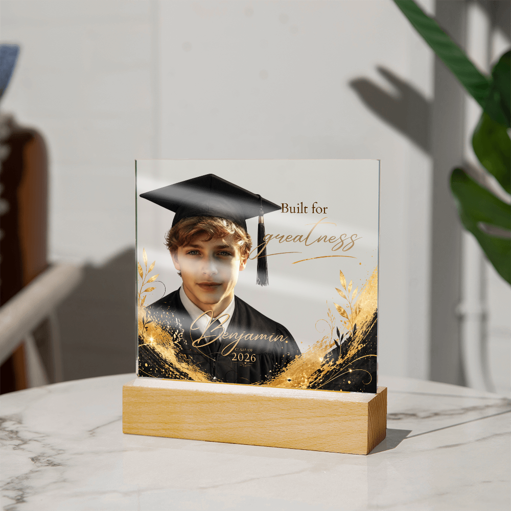 Personalized Graduation Photo LED Plaque for Him, Class of 2026 Keepsake, Black & Gold Accents