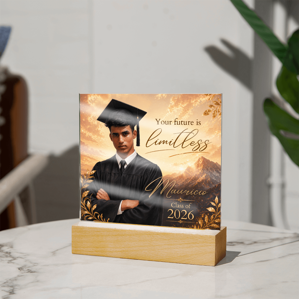 Custom Graduation Photo Acrylic Plaque for Him, Personalized Class of 2026 Mountain LED Keepsake Gift