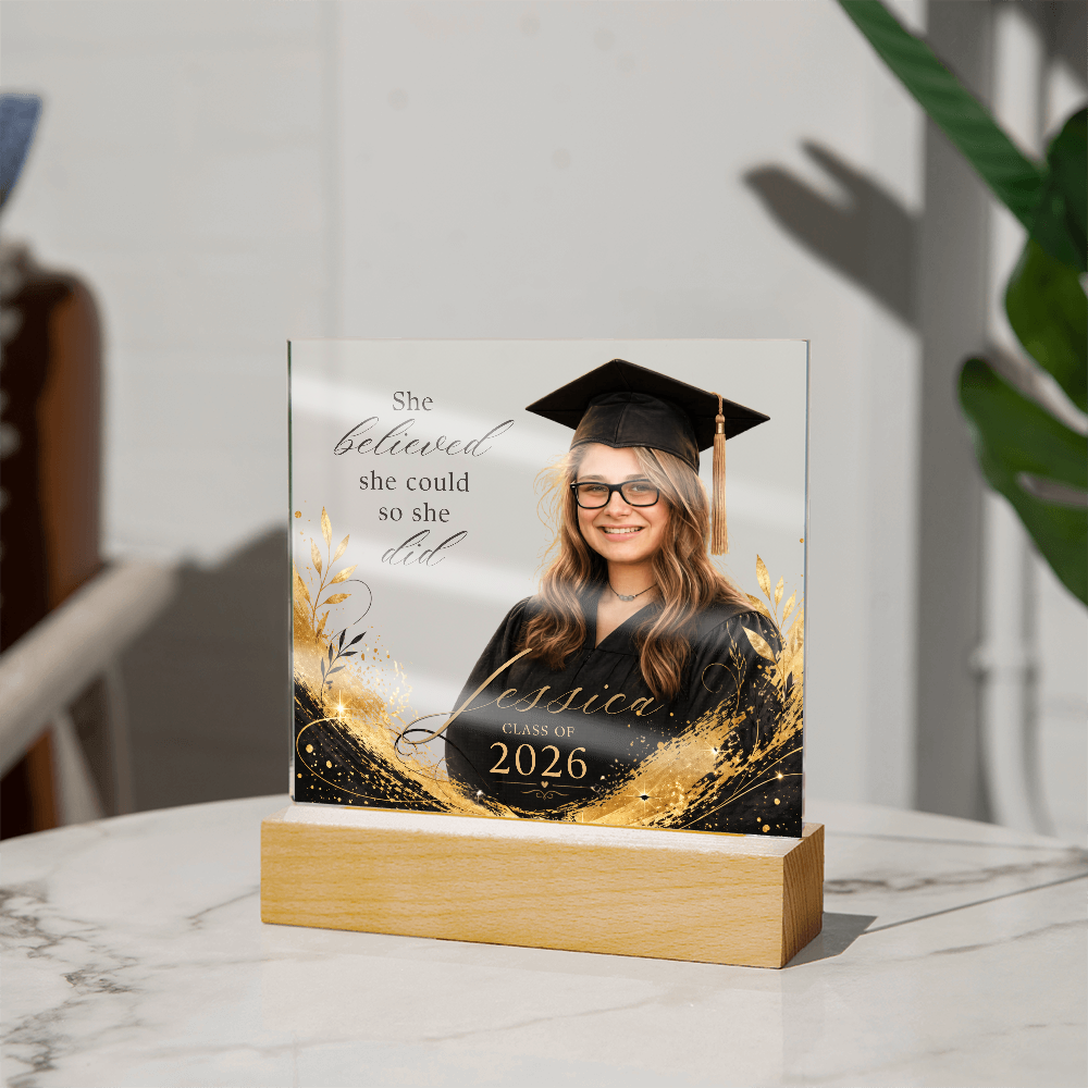 Personalized Graduation Photo LED Plaque for Her, Clear Black and Gold Class of 2026 Gift
