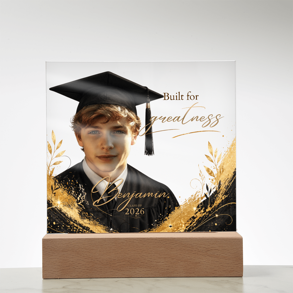 Personalized Graduation Photo LED Plaque for Him, Class of 2026 Keepsake, Black & Gold Accents