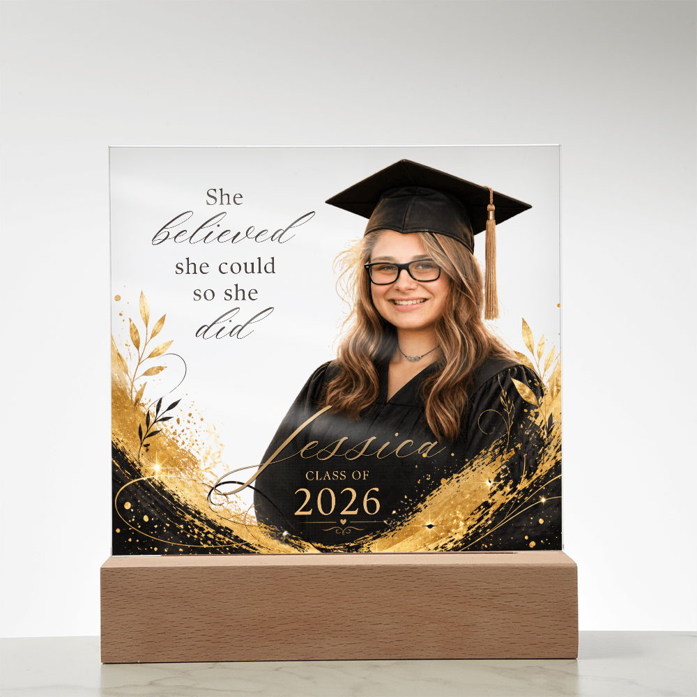 Personalized Graduation Photo LED Plaque for Her, Clear Black and Gold Class of 2026 Gift