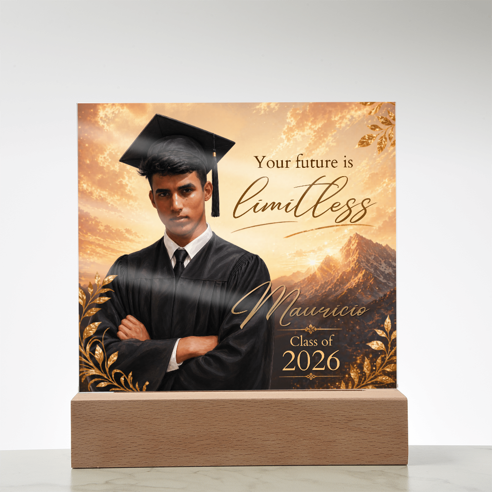 Custom Graduation Photo Acrylic Plaque for Him, Personalized Class of 2026 Mountain LED Keepsake Gift