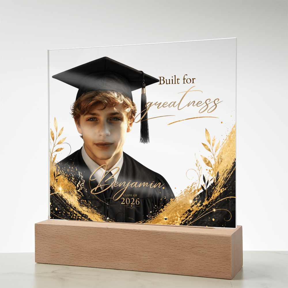Personalized Graduation Photo LED Plaque for Him, Class of 2026 Keepsake, Black & Gold Accents