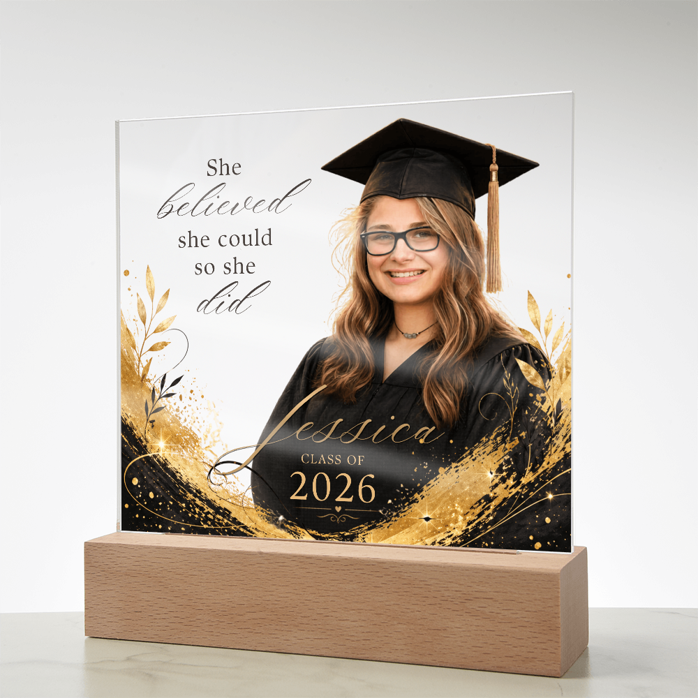 Personalized Graduation Photo LED Plaque for Her, Clear Black and Gold Class of 2026 Gift