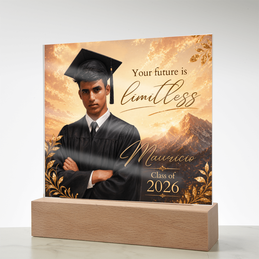 Custom Graduation Photo Acrylic Plaque for Him, Personalized Class of 2026 Mountain LED Keepsake Gift