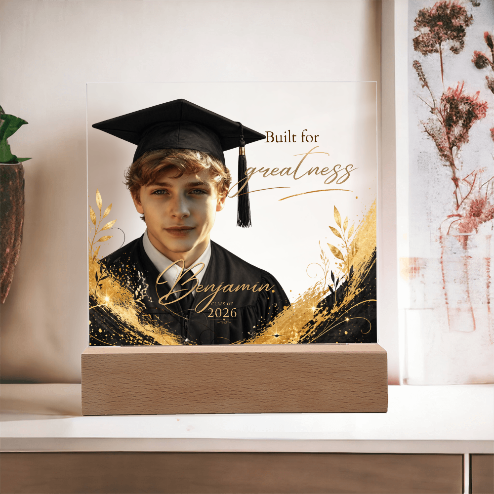 Personalized Graduation Photo LED Plaque for Him, Class of 2026 Keepsake, Black & Gold Accents