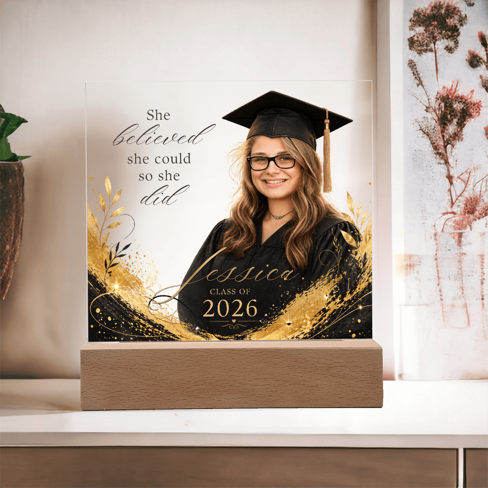 Personalized Graduation Photo LED Plaque for Her, Clear Black and Gold Class of 2026 Gift