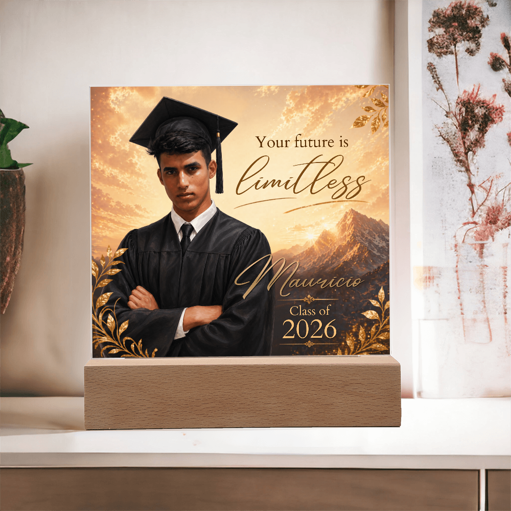 Custom Graduation Photo Acrylic Plaque for Him, Personalized Class of 2026 Mountain LED Keepsake Gift