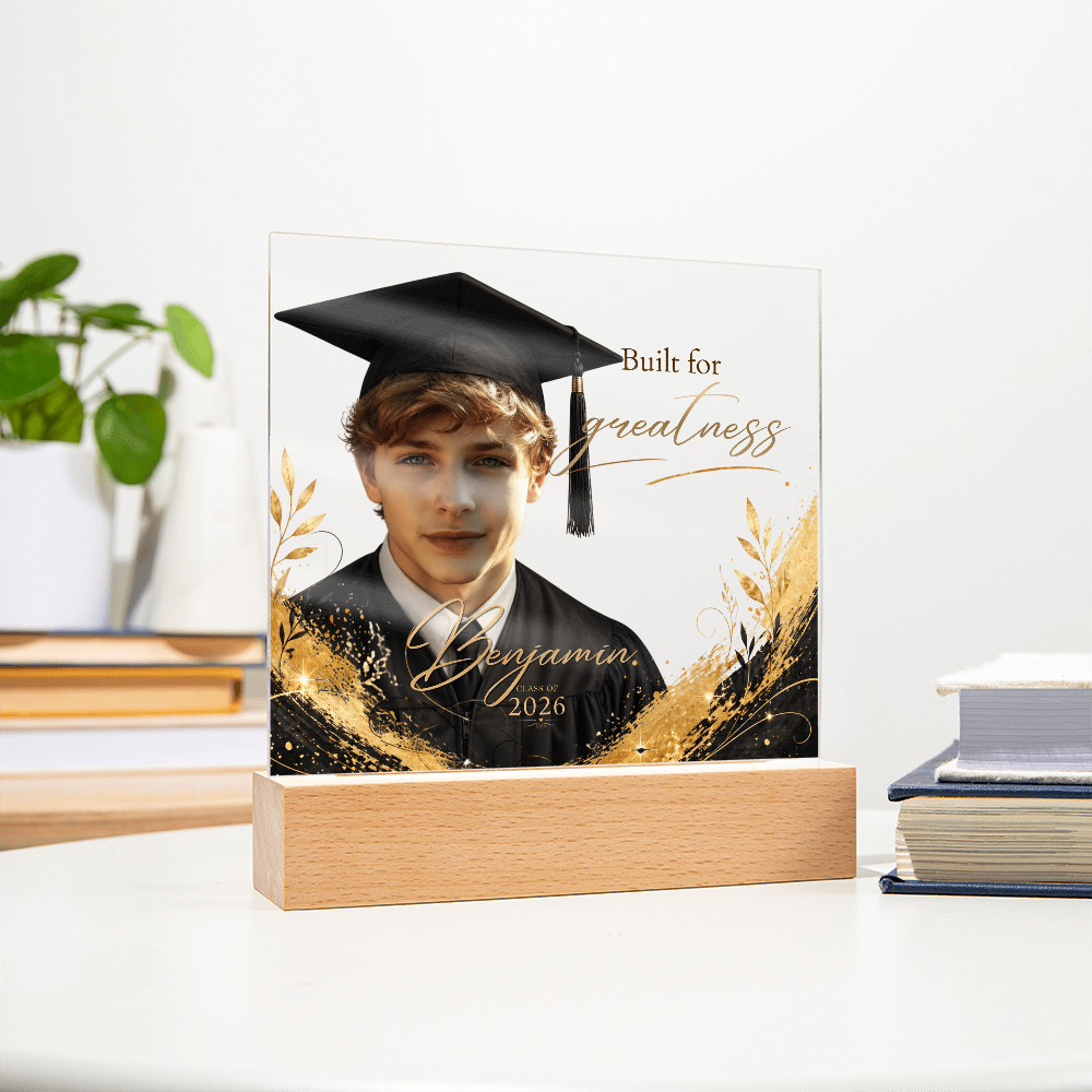 Personalized Graduation Photo LED Plaque for Him, Class of 2026 Keepsake, Black & Gold Accents
