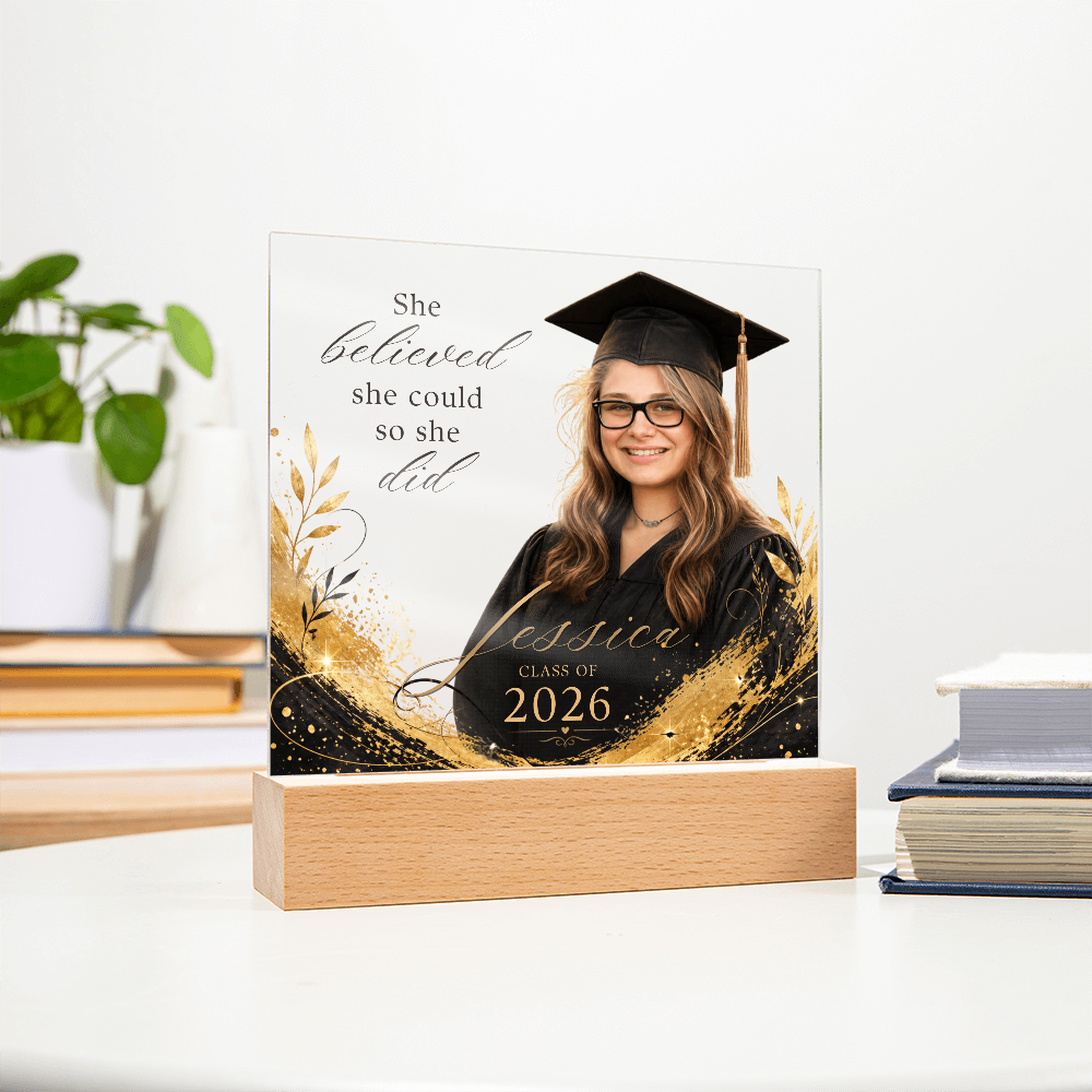 Personalized Graduation Photo LED Plaque for Her, Clear Black and Gold Class of 2026 Gift
