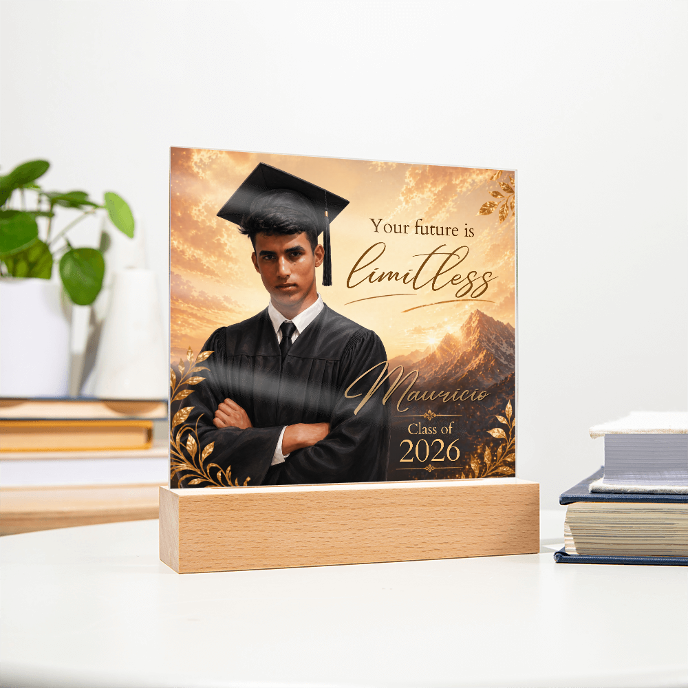 Custom Graduation Photo Acrylic Plaque for Him, Personalized Class of 2026 Mountain LED Keepsake Gift