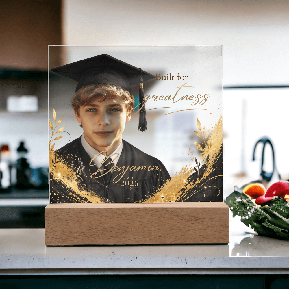 Personalized Graduation Photo LED Plaque for Him, Class of 2026 Keepsake, Black & Gold Accents