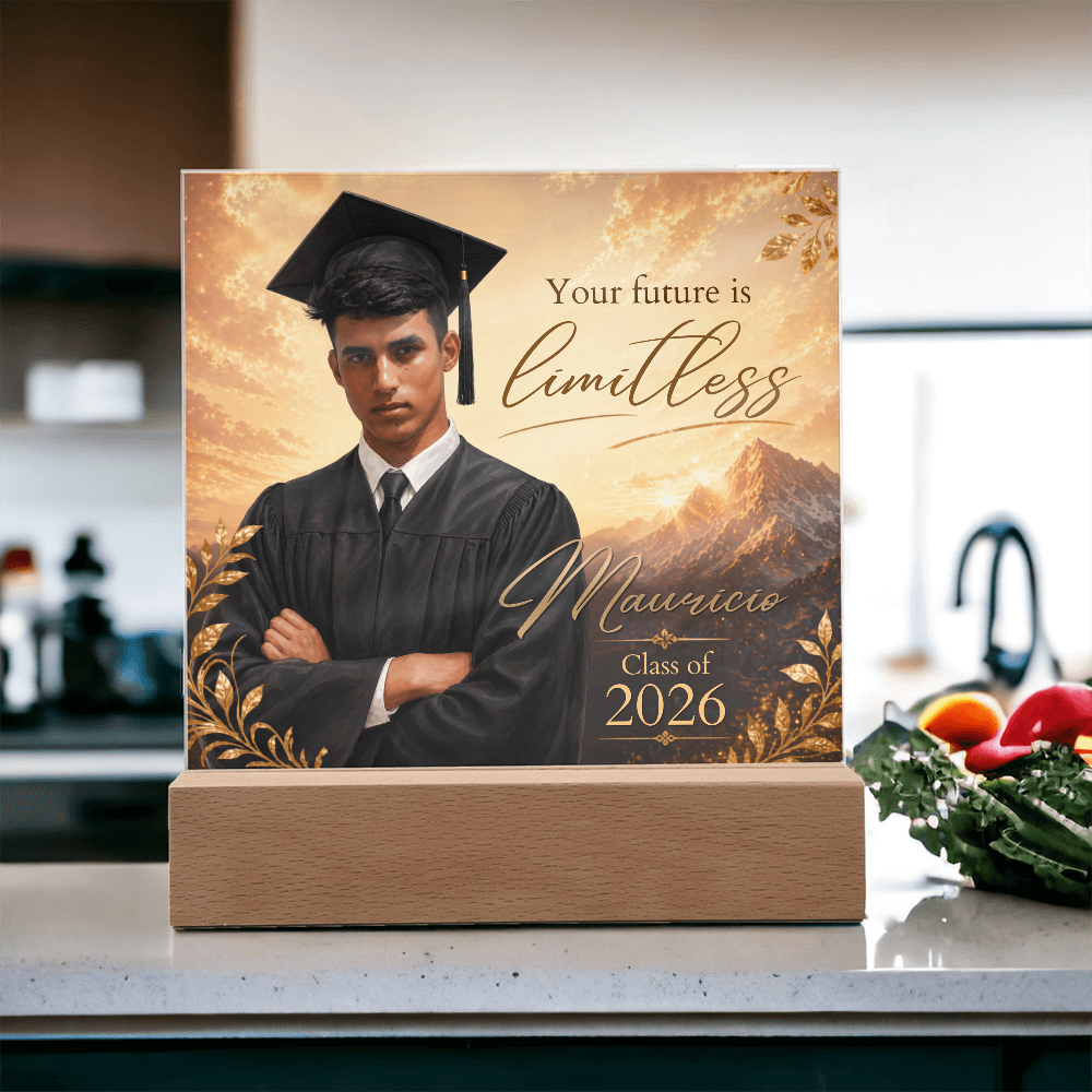 Custom Graduation Photo Acrylic Plaque for Him, Personalized Class of 2026 Mountain LED Keepsake Gift
