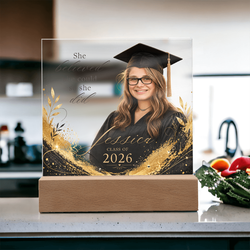 Personalized Graduation Photo LED Plaque for Her, Clear Black and Gold Class of 2026 Gift