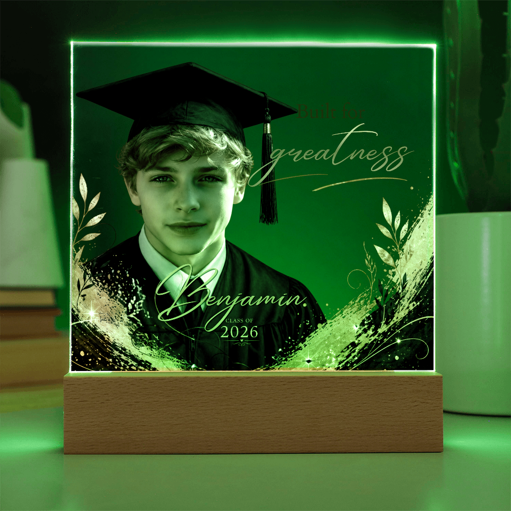 Personalized Graduation Photo LED Plaque for Him, Class of 2026 Keepsake, Black & Gold Accents