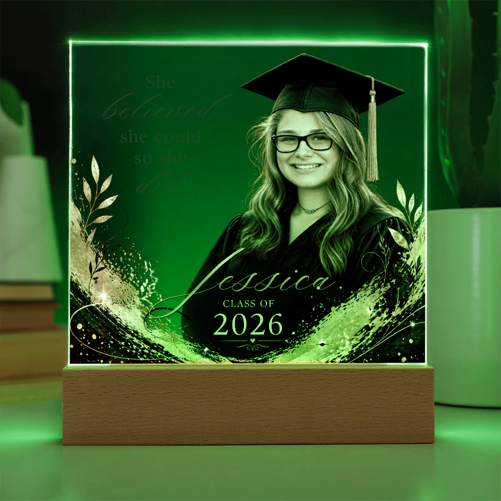 Personalized Graduation Photo LED Plaque for Her, Clear Black and Gold Class of 2026 Gift