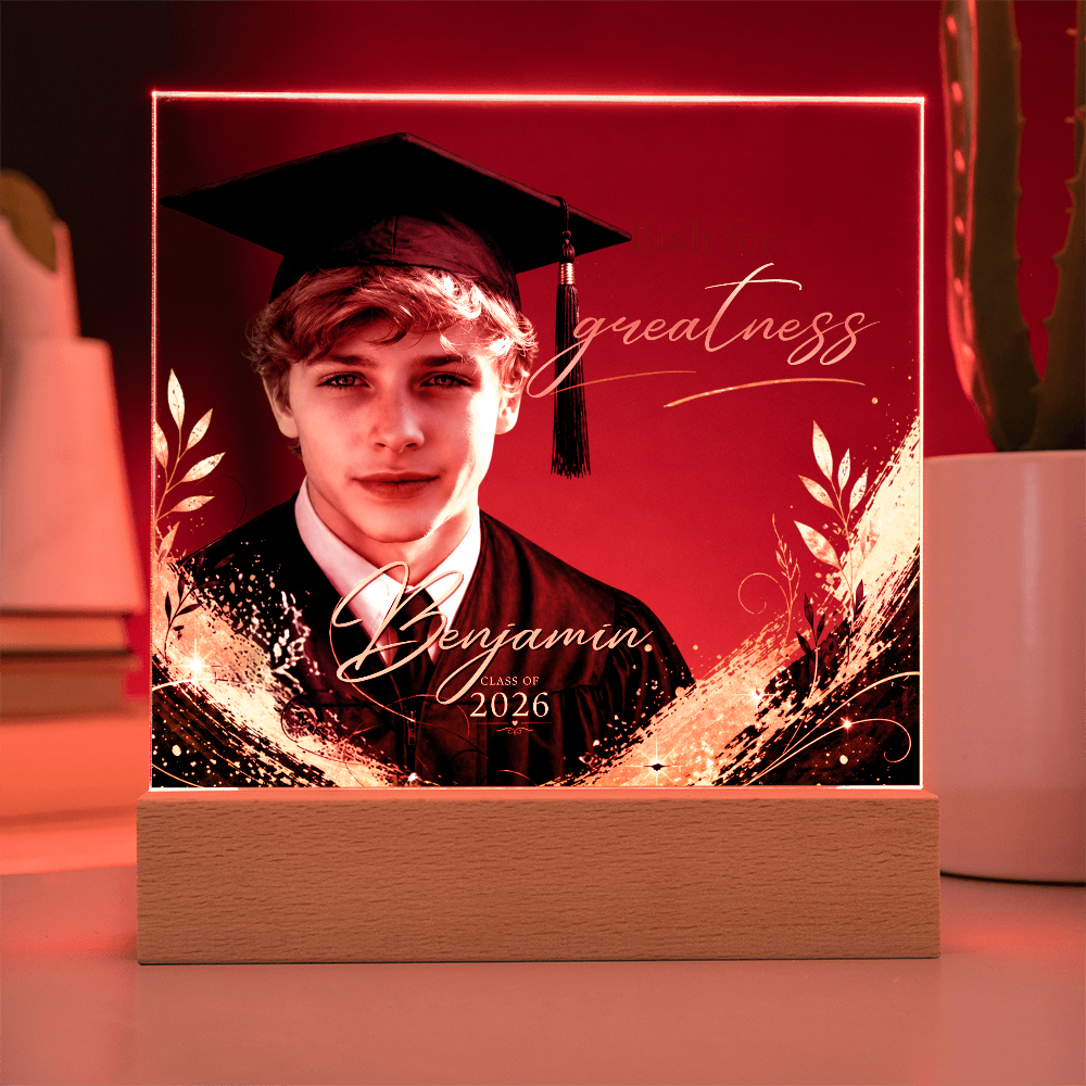Personalized Graduation Photo LED Plaque for Him, Class of 2026 Keepsake, Black & Gold Accents