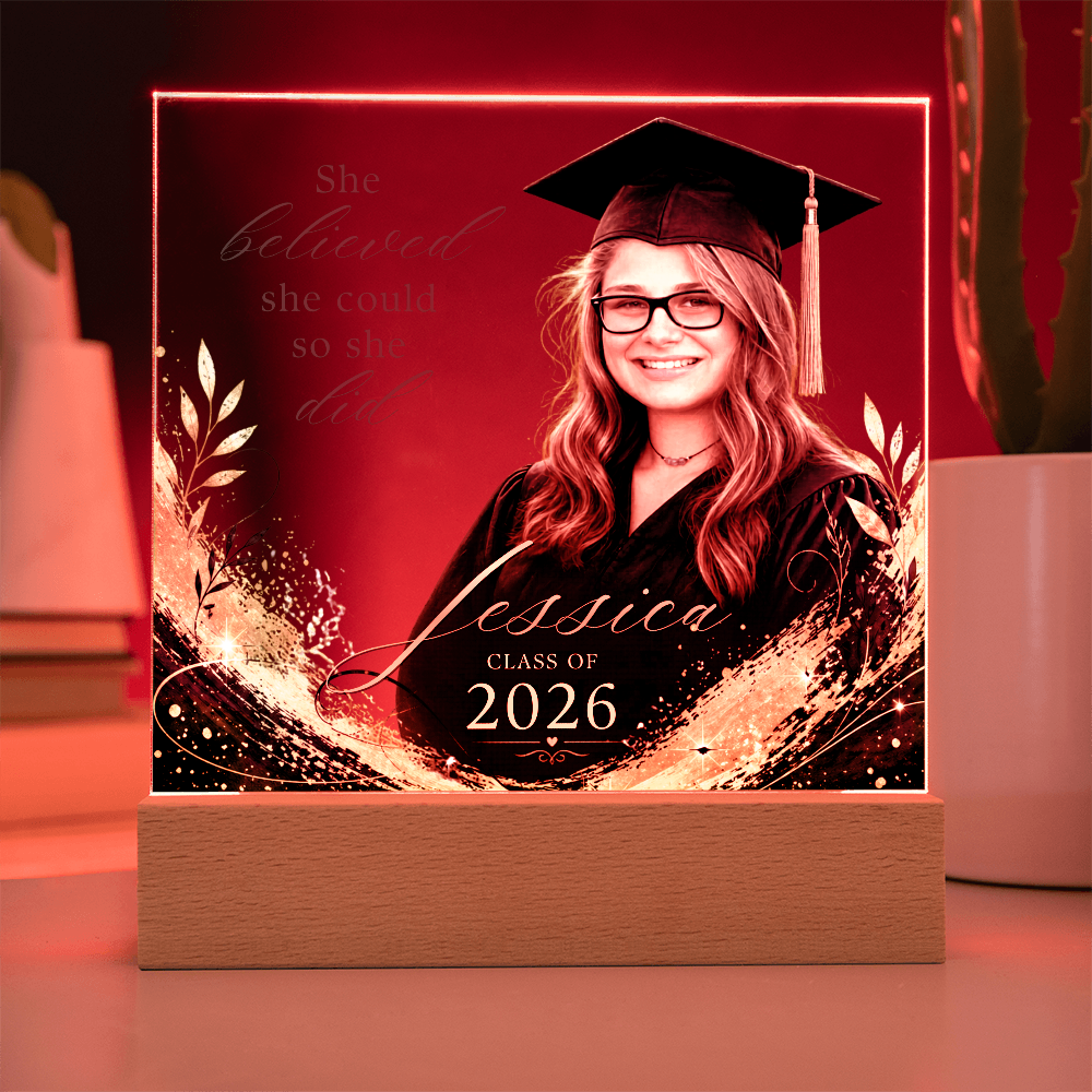 Personalized Graduation Photo LED Plaque for Her, Clear Black and Gold Class of 2026 Gift