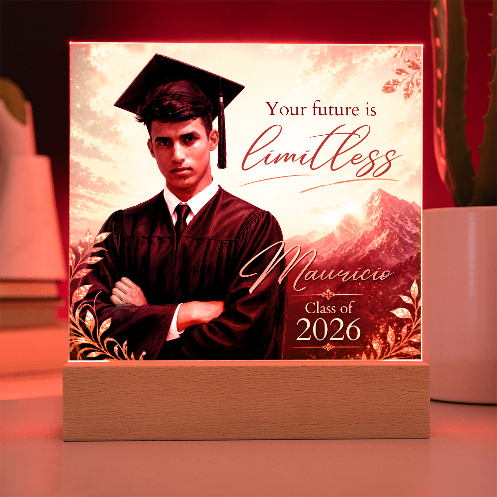 Custom Graduation Photo Acrylic Plaque for Him, Personalized Class of 2026 Mountain LED Keepsake Gift