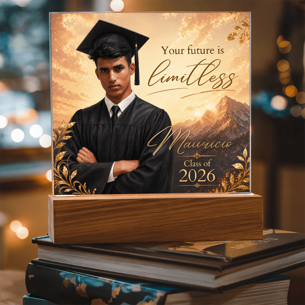 Custom Graduation Photo Acrylic Plaque for Him, Personalized Class of 2026 Mountain LED Keepsake Gift
