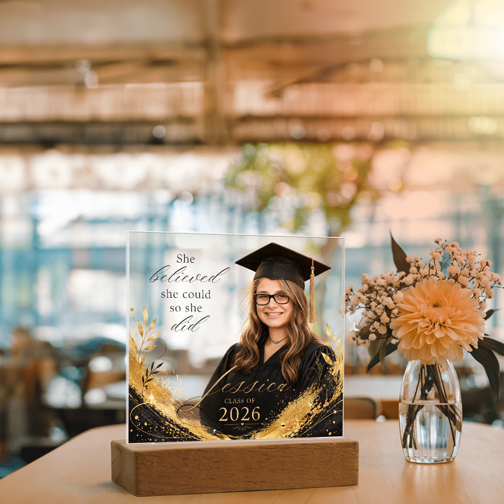 Personalized Graduation Photo LED Plaque for Her, Clear Black and Gold Class of 2026 Gift