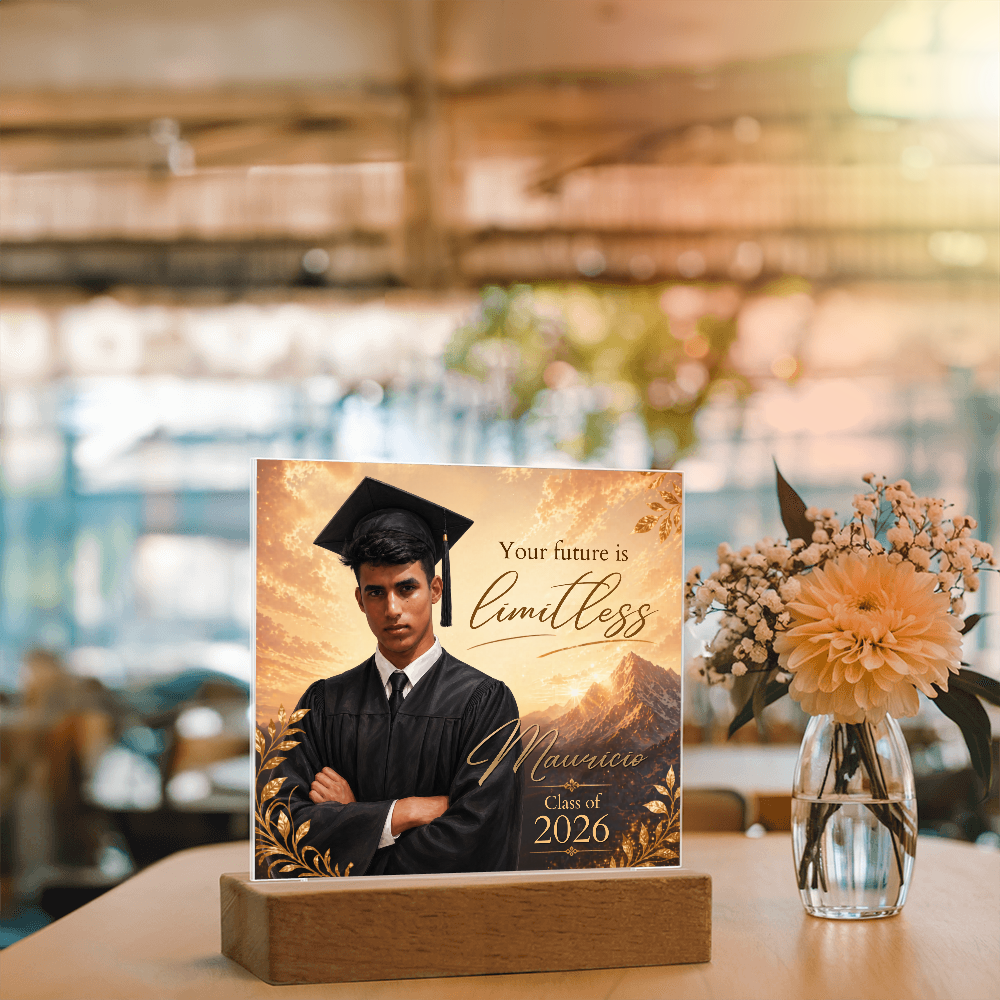 Custom Graduation Photo Acrylic Plaque for Him, Personalized Class of 2026 Mountain LED Keepsake Gift