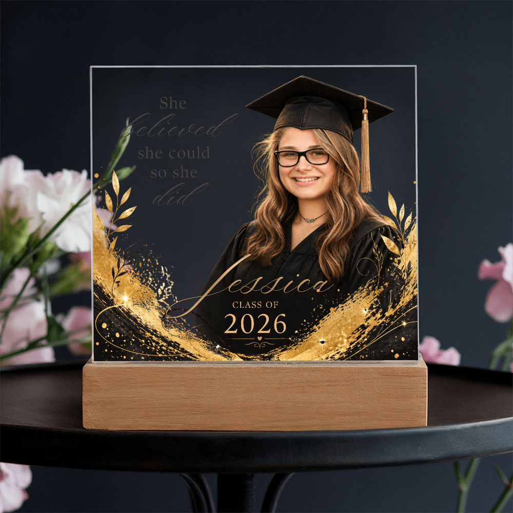Personalized Graduation Photo LED Plaque for Her, Clear Black and Gold Class of 2026 Gift