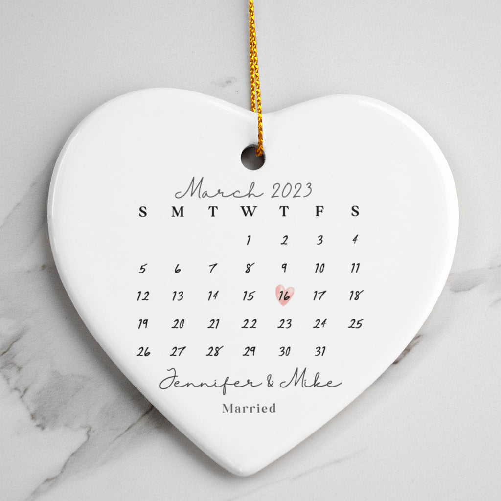 Personalized Wedding Date Ornament, Custom Calendar Heart Ornament, First Christmas Married Gift, Anniversary Keepsake Ornament