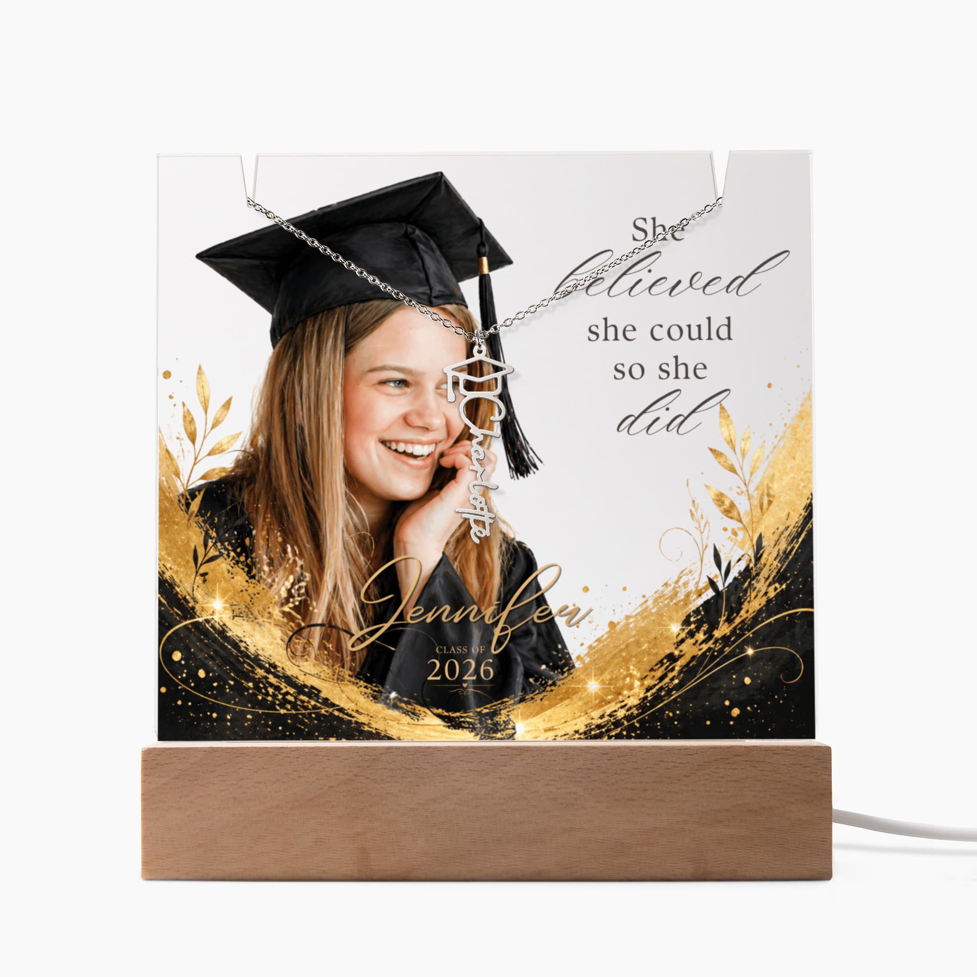 Personalized Graduation Plaque and Necklace Gift Set, Custom Photo Acrylic Plaque, She Believed She Could, Class of 2026 Gift