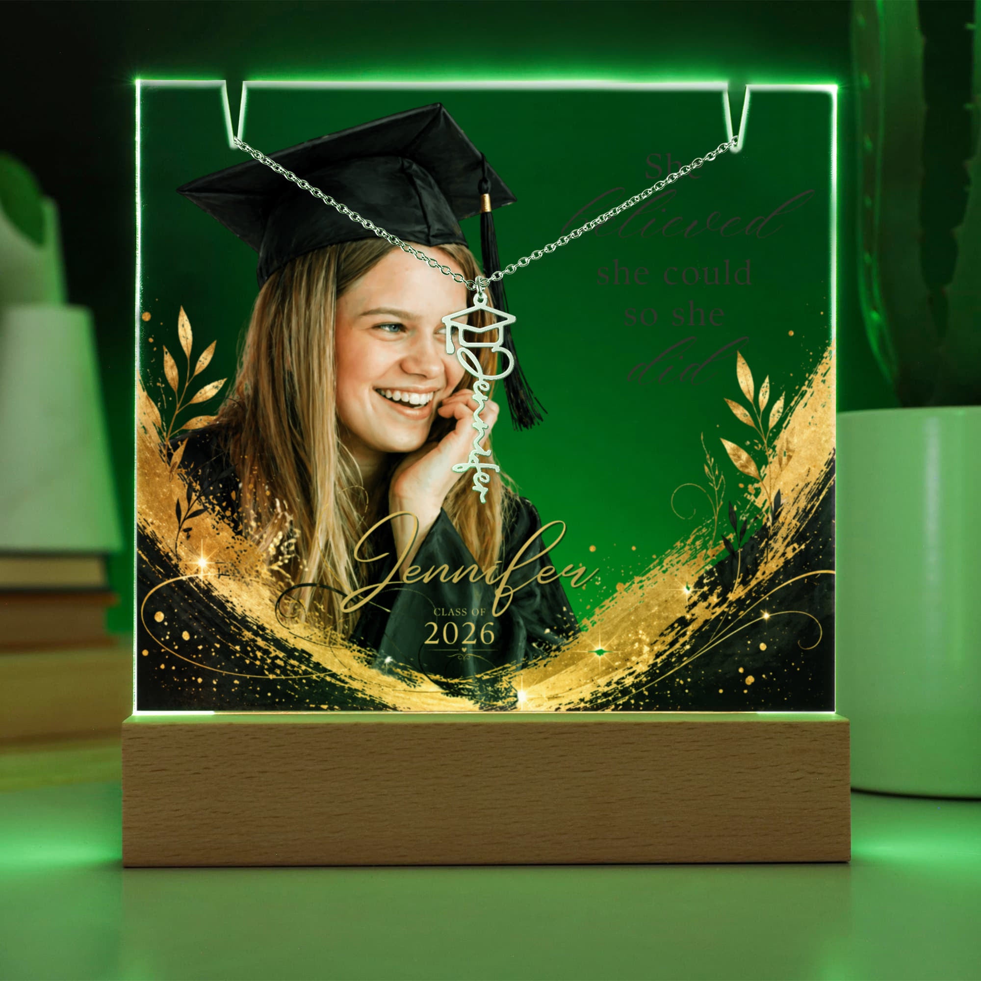 Personalized Graduation Plaque and Necklace Gift Set, Custom Photo Acrylic Plaque, She Believed She Could, Class of 2026 Gift