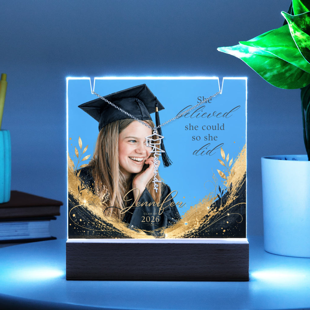 Personalized Graduation Plaque and Necklace Gift Set, Custom Photo Acrylic Plaque, She Believed She Could, Class of 2026 Gift