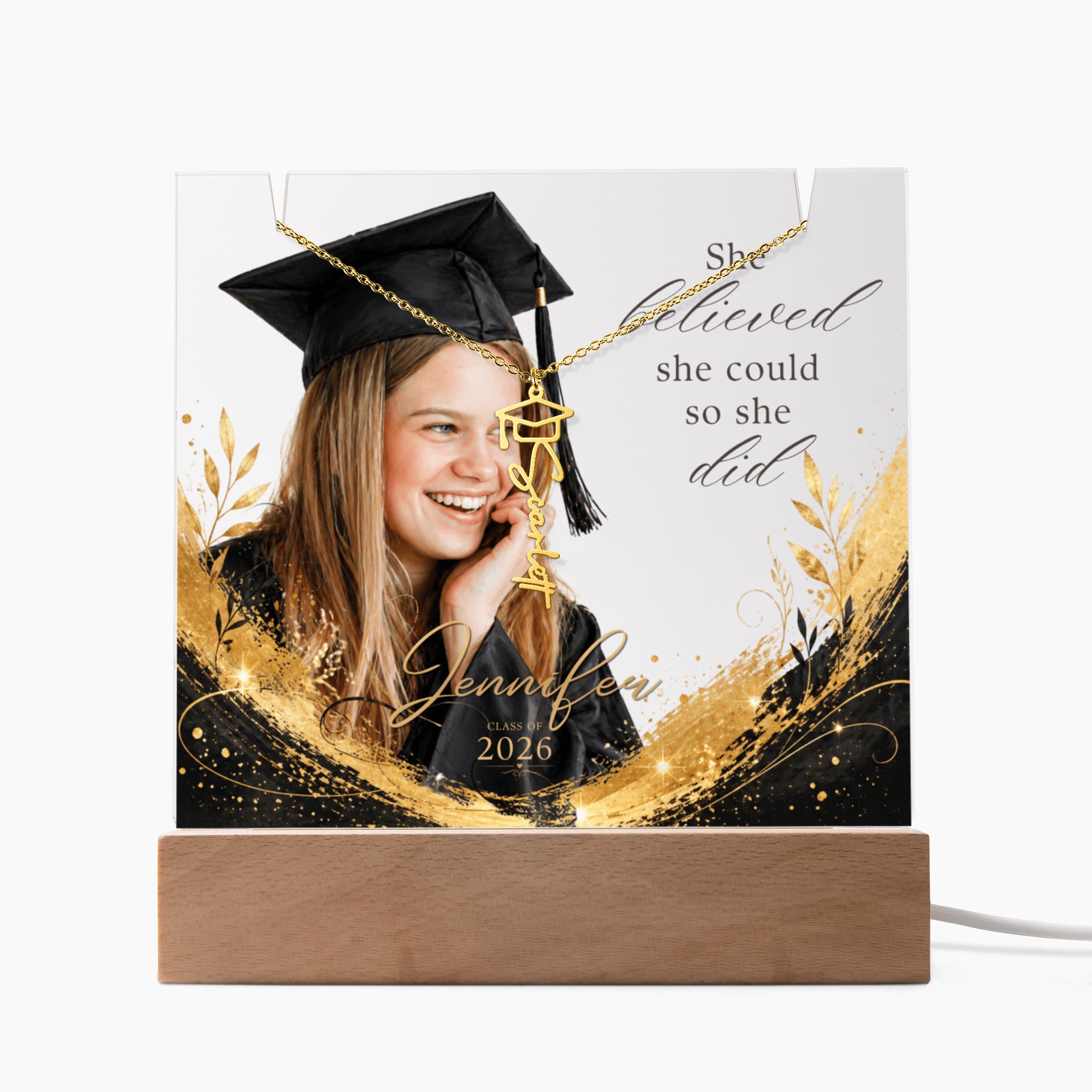 Personalized Graduation Plaque and Necklace Gift Set, Custom Photo Acrylic Plaque, She Believed She Could, Class of 2026 Gift