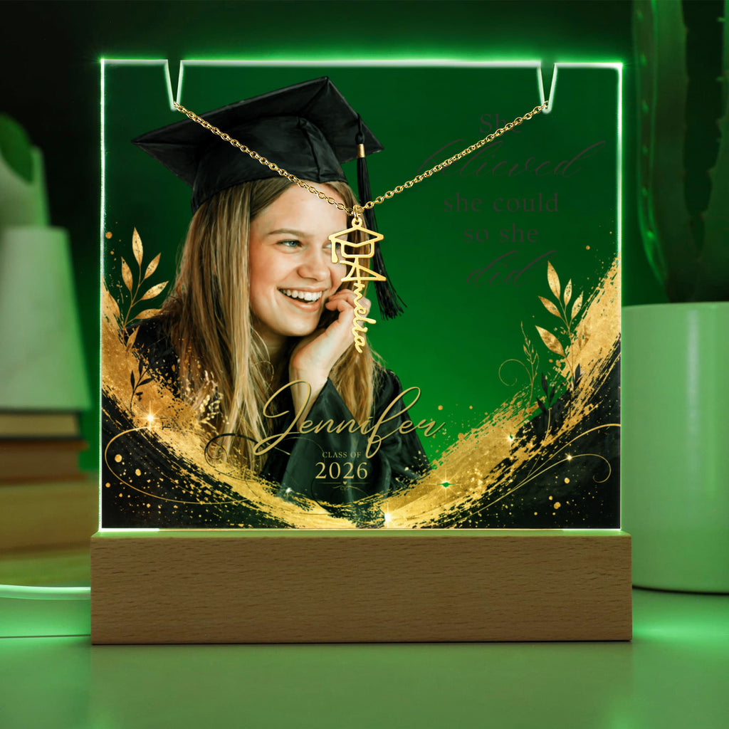 Personalized Graduation Plaque and Necklace Gift Set, Custom Photo Acrylic Plaque, She Believed She Could, Class of 2026 Gift