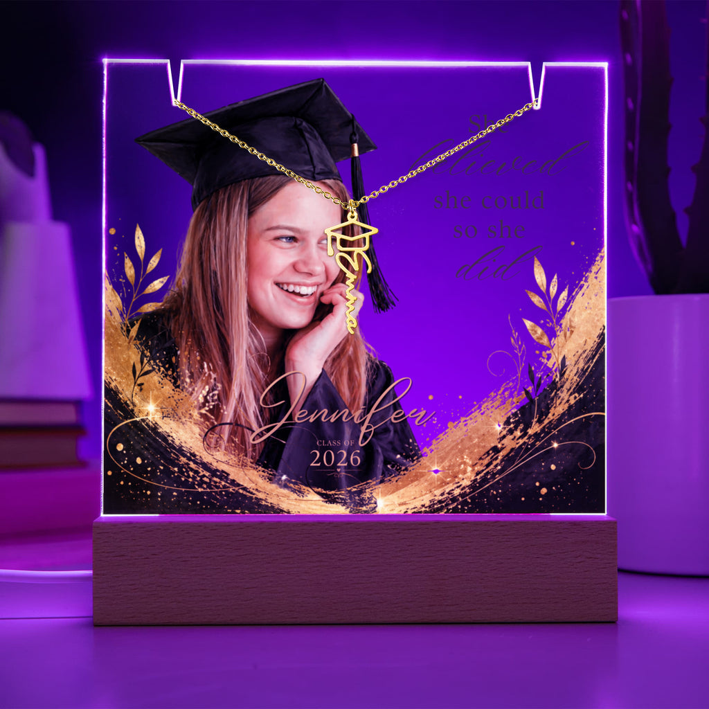 Personalized Graduation Plaque and Necklace Gift Set, Custom Photo Acrylic Plaque, She Believed She Could, Class of 2026 Gift