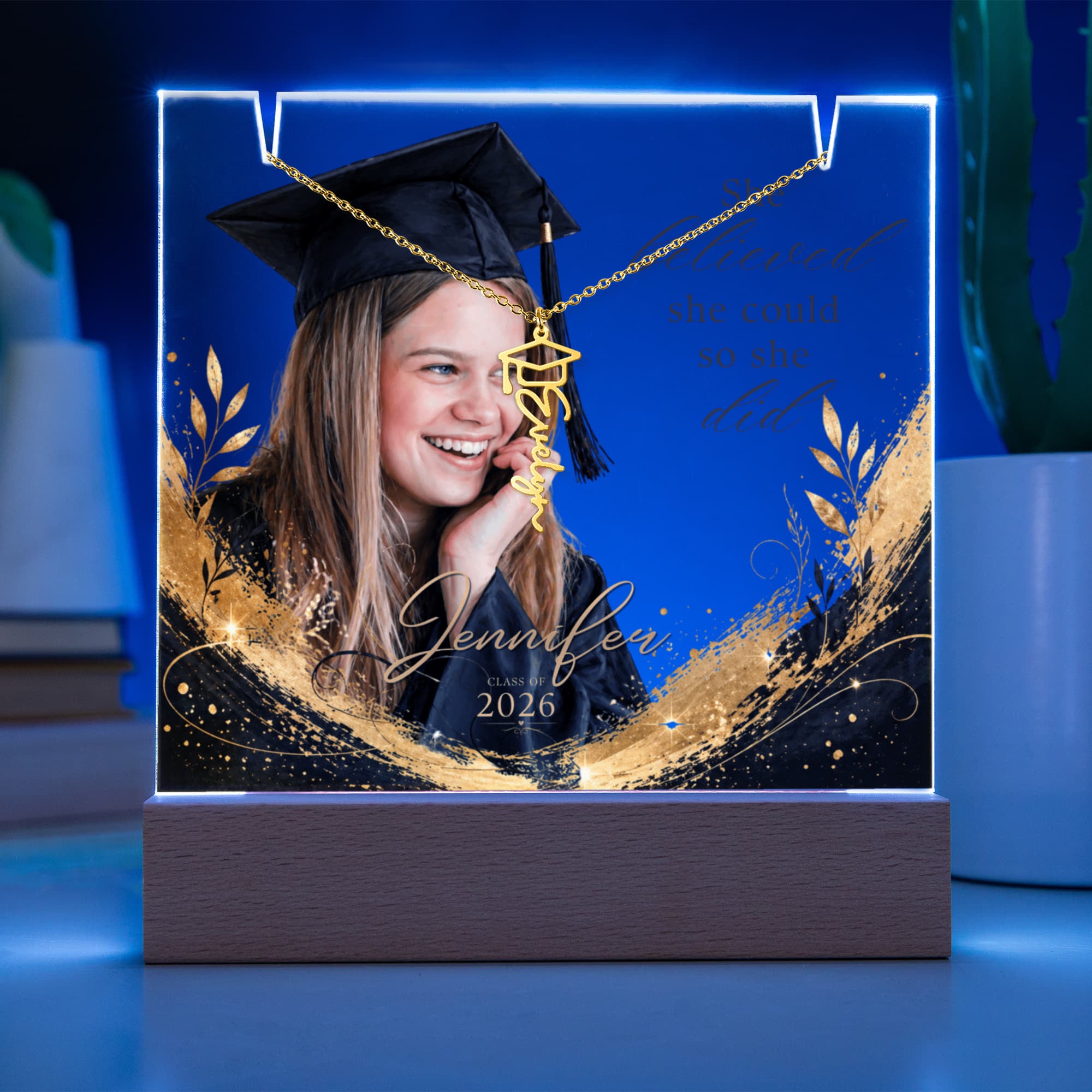 Personalized Graduation Plaque and Necklace Gift Set, Custom Photo Acrylic Plaque, She Believed She Could, Class of 2026 Gift