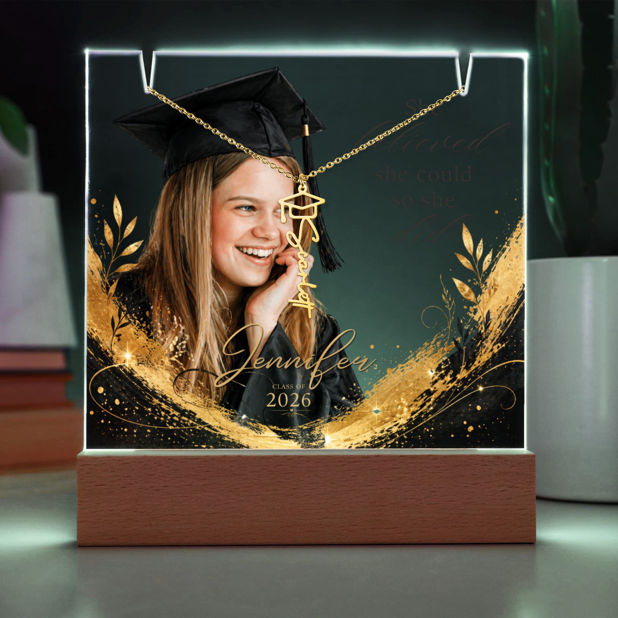 Personalized Graduation Plaque and Necklace Gift Set, Custom Photo Acrylic Plaque, She Believed She Could, Class of 2026 Gift