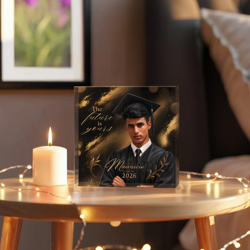 Personalized Black and Gold Graduation Acrylic Block for Him, Custom Class of 2026 Photo Keepsake