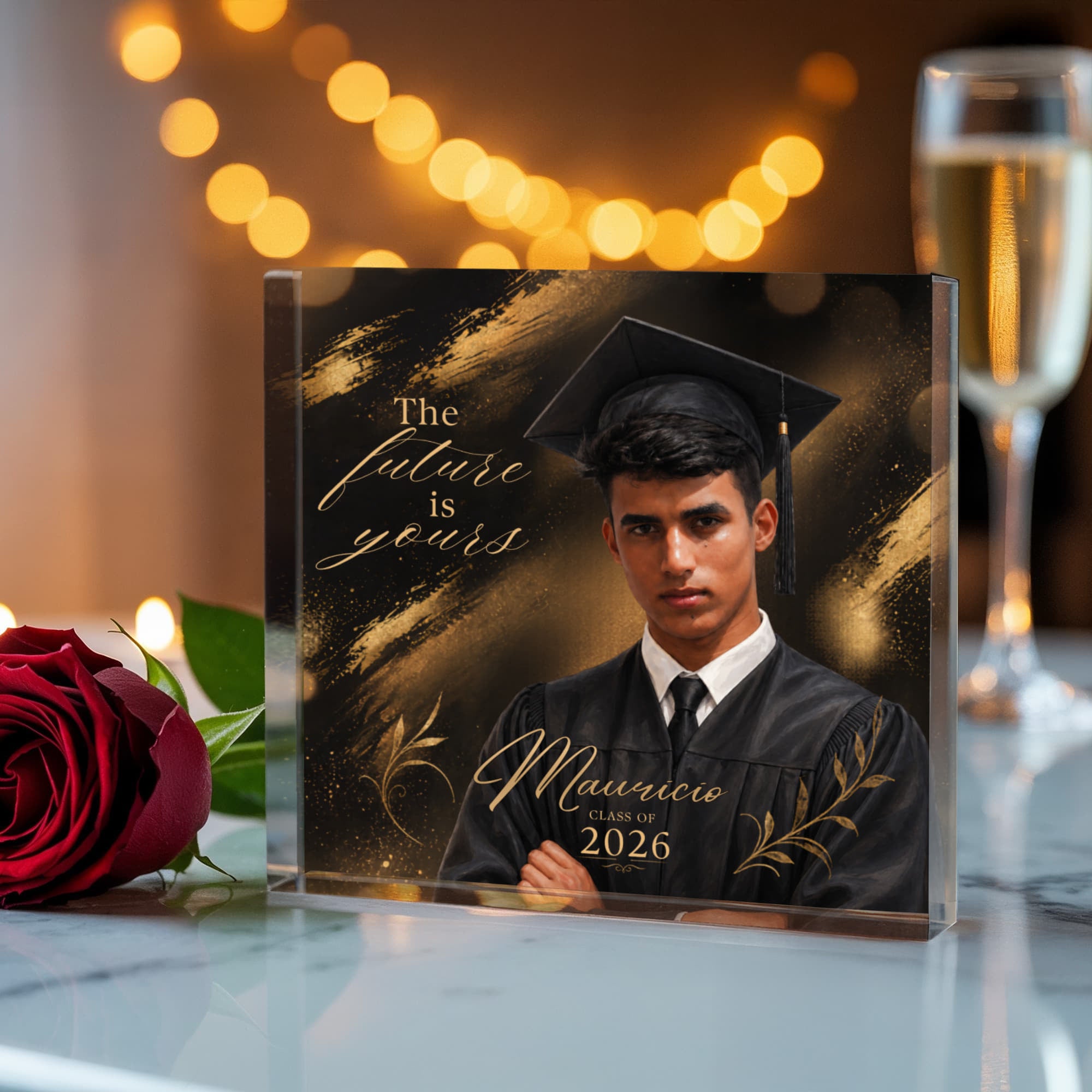Personalized Black and Gold Graduation Acrylic Block for Him, Custom Class of 2026 Photo Keepsake
