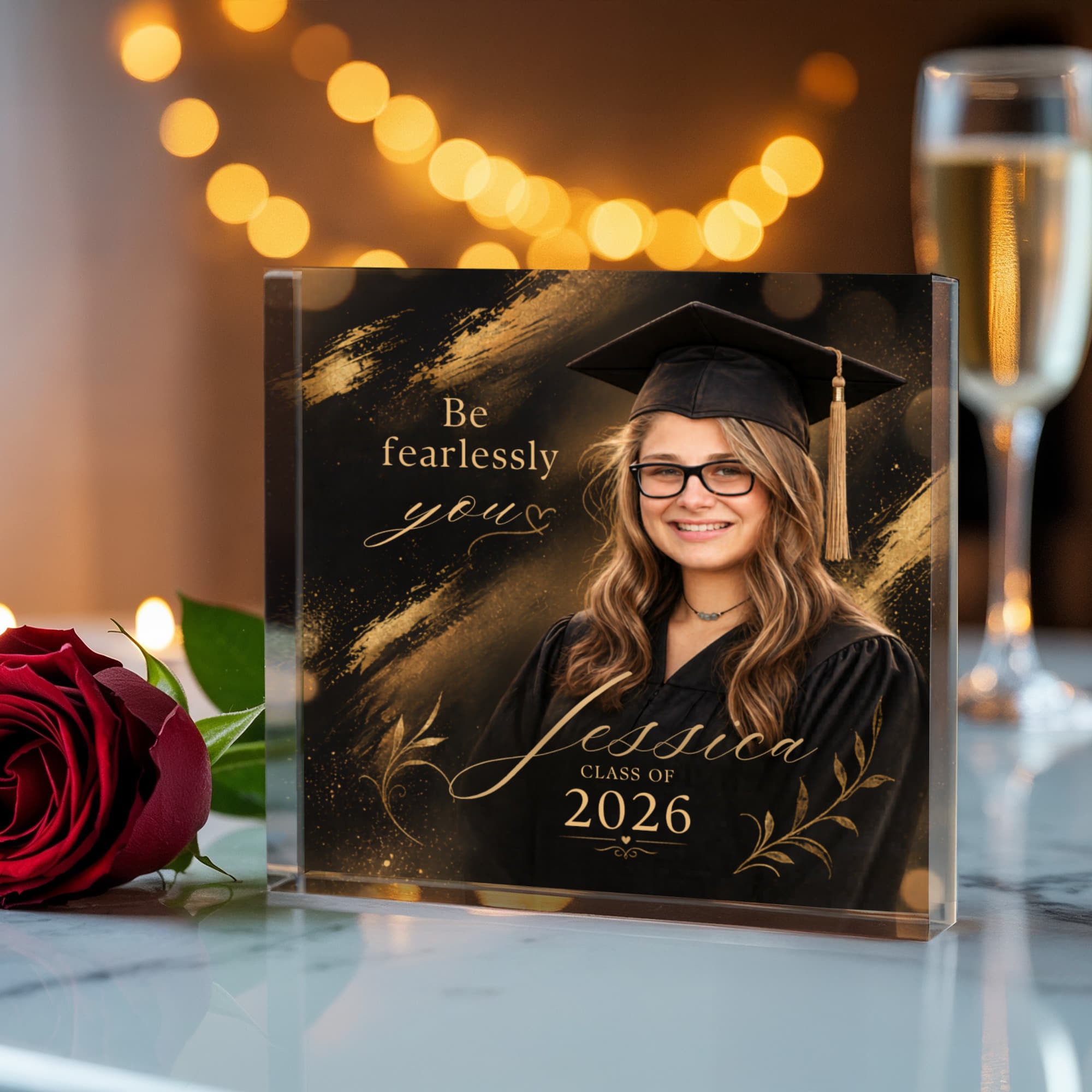 Personalized Black and Gold Graduation Acrylic Block for Her, Custom Class of 2026 Photo Keepsake