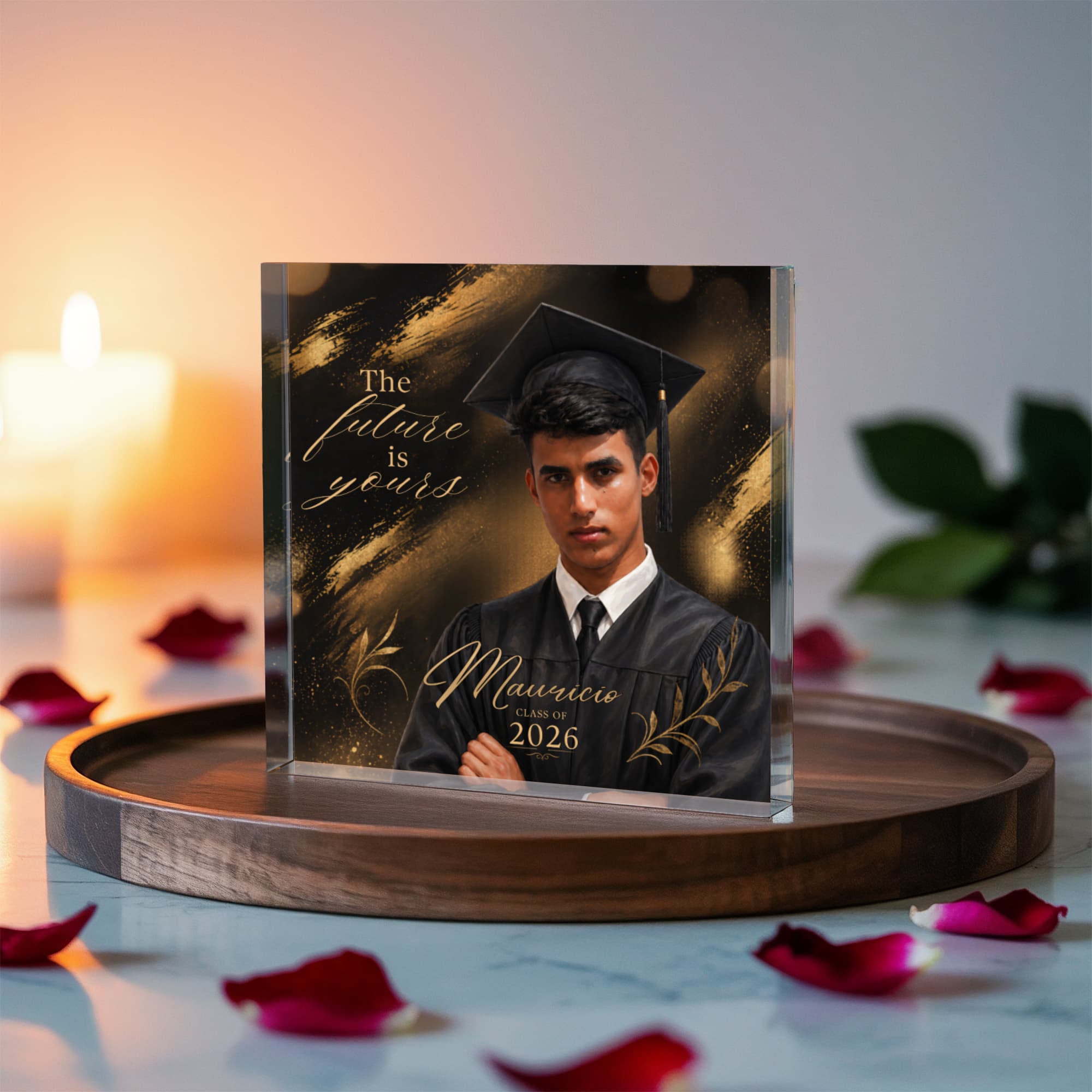 Personalized Black and Gold Graduation Acrylic Block for Him, Custom Class of 2026 Photo Keepsake