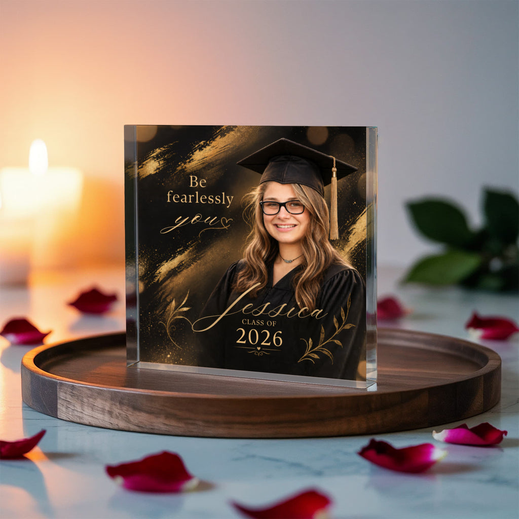 Personalized Black and Gold Graduation Acrylic Block for Her, Custom Class of 2026 Photo Keepsake