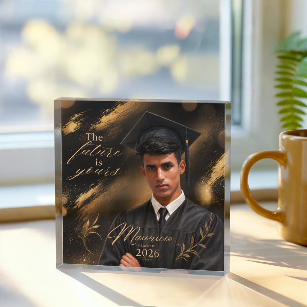 Personalized Black and Gold Graduation Acrylic Block for Him, Custom Class of 2026 Photo Keepsake