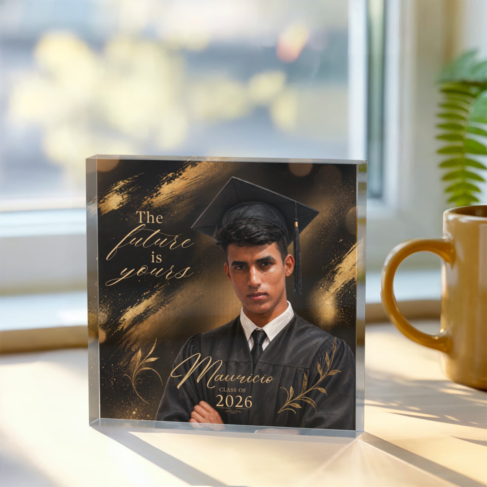 Personalized Black and Gold Graduation Acrylic Block for Him, Custom Class of 2026 Photo Keepsake