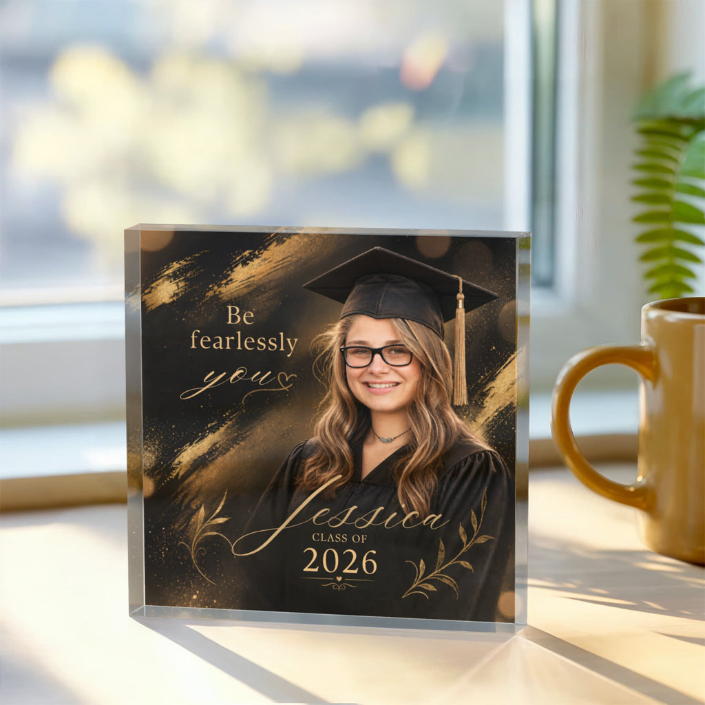 Personalized Black and Gold Graduation Acrylic Block for Her, Custom Class of 2026 Photo Keepsake