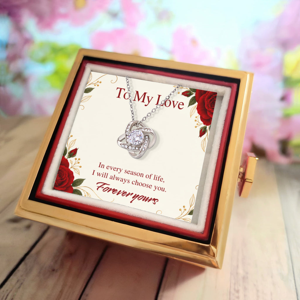 Personalized Love Knot Necklace in Rotating Rose Gift Box, Custom Message Card, Gift for Wife, Girlfriend or Fiancée