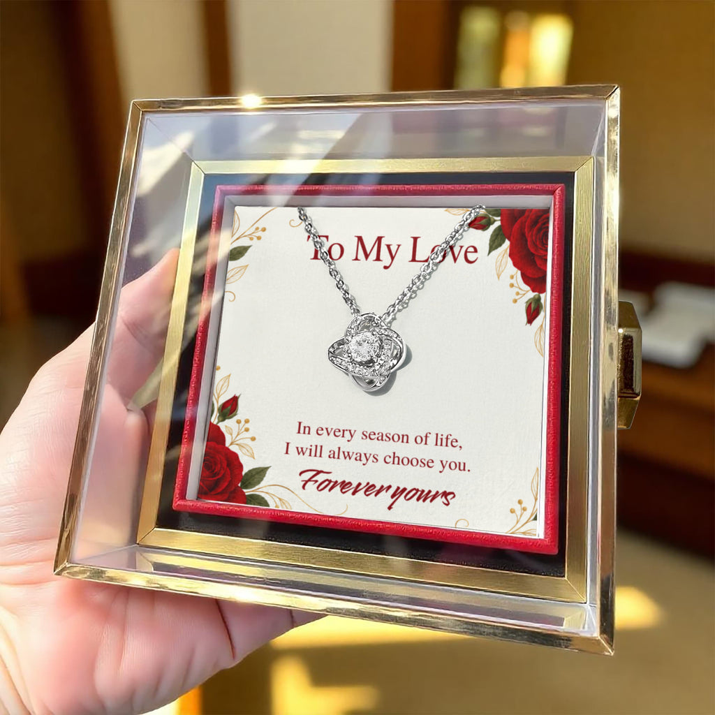 Personalized Love Knot Necklace in Rotating Rose Gift Box, Custom Message Card, Gift for Wife, Girlfriend or Fiancée