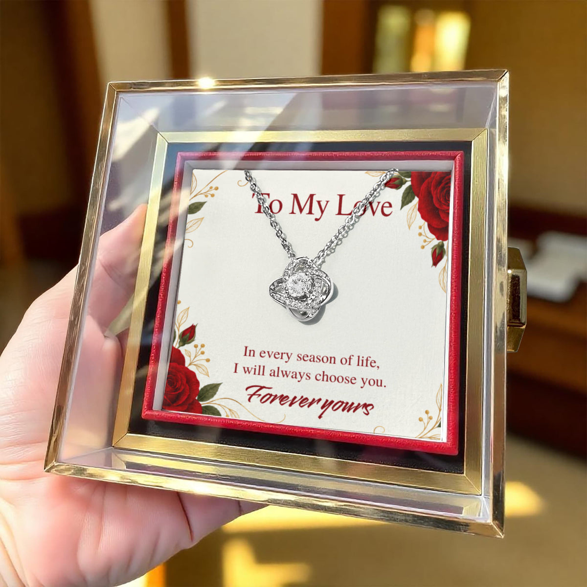 Personalized Love Knot Necklace in Rotating Rose Gift Box, Custom Message Card, Gift for Wife, Girlfriend or Fiancée