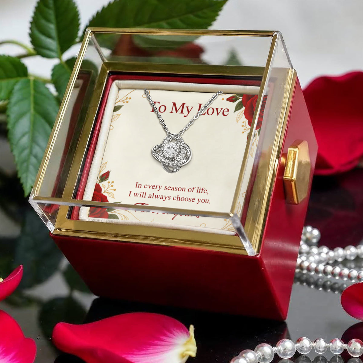 Personalized Love Knot Necklace in Rotating Rose Gift Box, Custom Message Card, Gift for Wife, Girlfriend or Fiancée