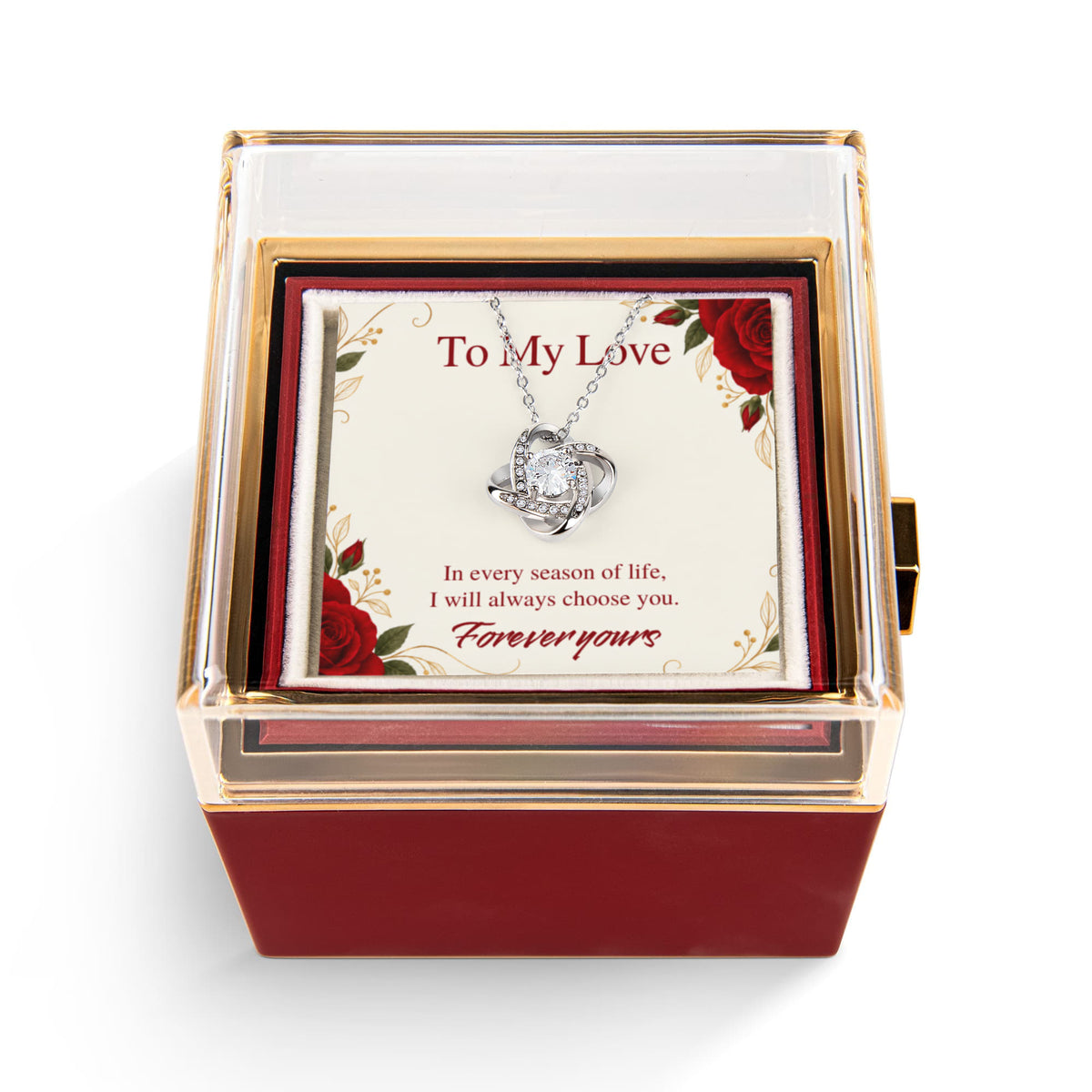 Personalized Love Knot Necklace in Rotating Rose Gift Box, Custom Message Card, Gift for Wife, Girlfriend or Fiancée