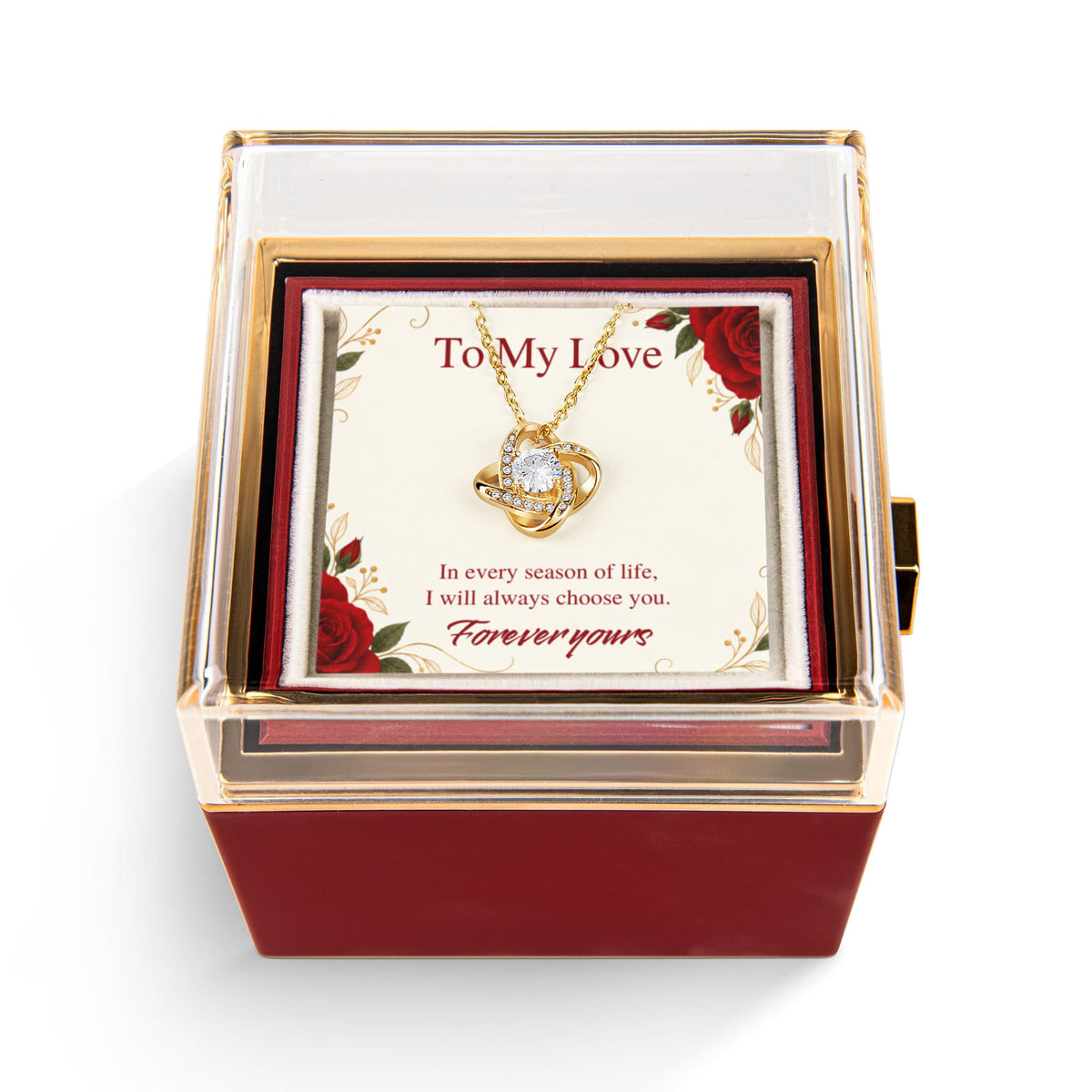 Personalized Love Knot Necklace in Rotating Rose Gift Box, Custom Message Card, Gift for Wife, Girlfriend or Fiancée